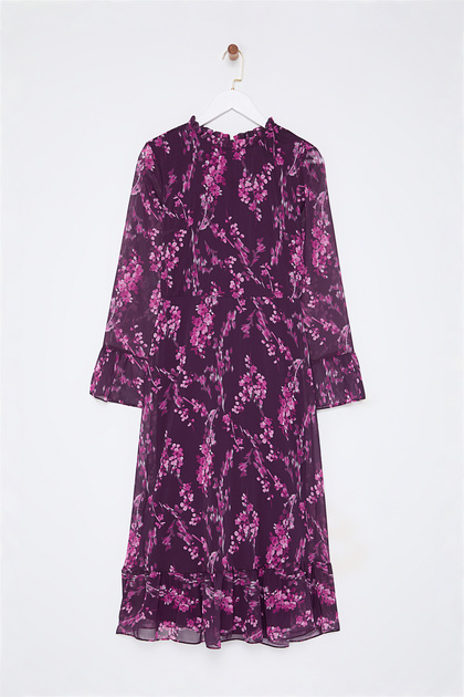 Trendyol Collection Plum Floral Pattern Boho A-Line Stand Collar Midi Lined  Chiffon Woven Winter Dress Twoaw25El00173- Trendyol