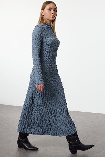 Trendyol Collection Indigo Plain Textured Stand Collar A-Line Stretchy Maxi Knitted  Dress Twoaw25El00197- Trendyol