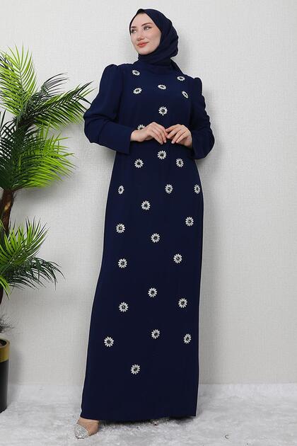Navy Blue Daisy Stone Detailed Dress