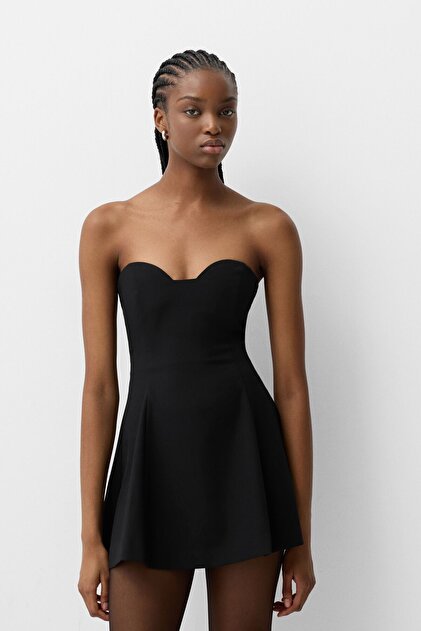 bershka dress black Bershka Black Tulle Ruffle Strapless Fit & Flare Mini Cocktail Tube Dress  Size L