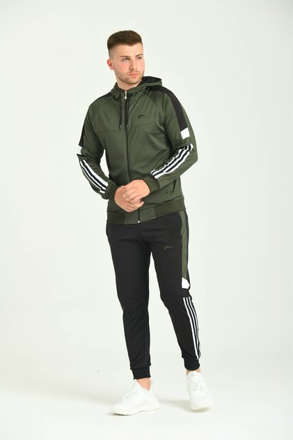 Khaki Men's Tracksuit with Arm Stripe Hooded Scuba Fabric