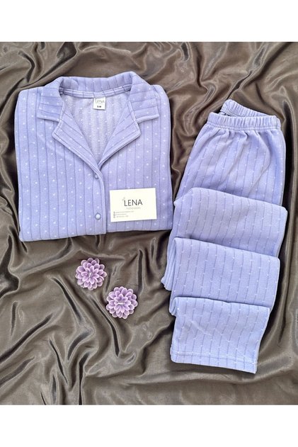Light Blue Polka Dot Patterned Buttoned Fleece Pajama Set