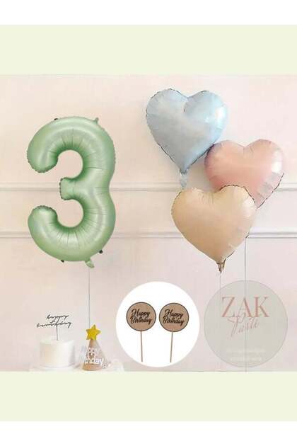 Water Green Number Foil Balloon Retro Blue Pink Satin Heart Foil Balloon Birthday Balloon Set-3 Years Old