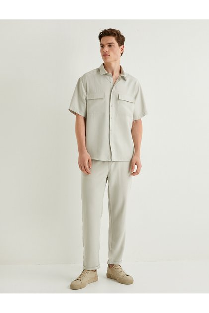 Short Sleeve Shirt Buttoned Cap Pocket Detailed Viscose Fabric