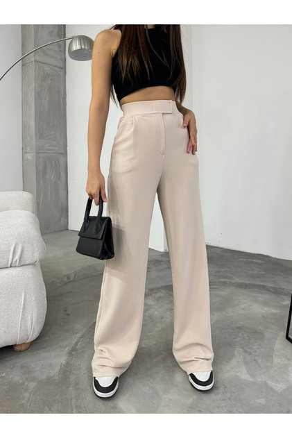 Women's Beige Lycra Velcro Closure Palazzo Wide Leg Trousers