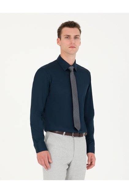 Navy Blue 100% Cotton Shiny Satin Slim Fit Long Sleeve Basic Shirt 50277147-Vr033