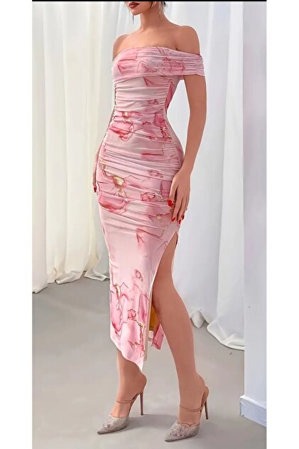 Shein Boutique Marble Patterned Pink Dress through the Shoulder- Trendyol Shein Boutique Marble Patterned Pink Dress through the Shoulder- Trendyol
