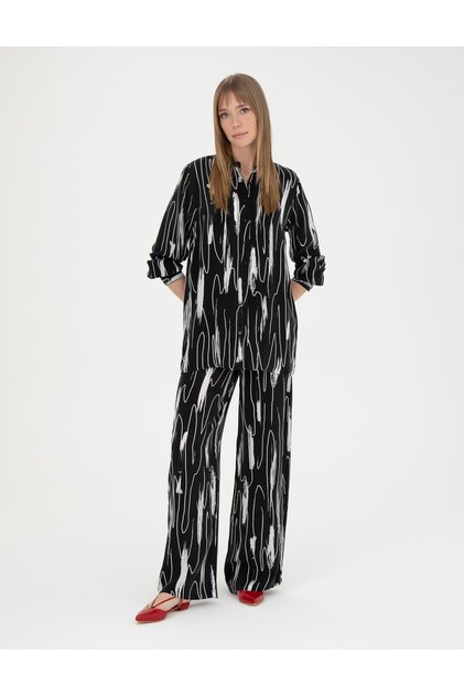 Black Cupro Patterned Wide Leg Trousers 50284525-Vr046
