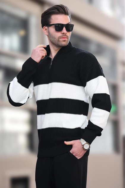 Black Zipper Collar Striped Men's Sweater E7272