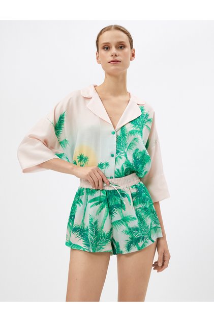 Pijama Altı Şort Tropikal Desenli Beli Bağcıklı Liyosel