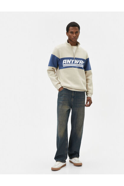Half Zipper Sweatshirt Stand Collar Slogan Printed Color Blocked