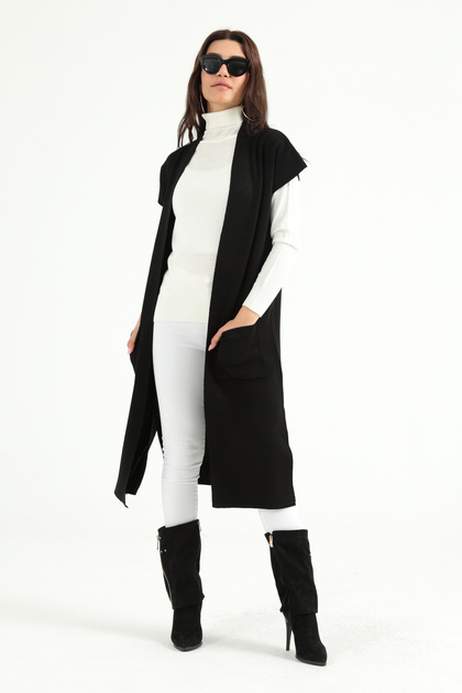 Women's Black Low Shoulder Black Knitwear Vest 12779