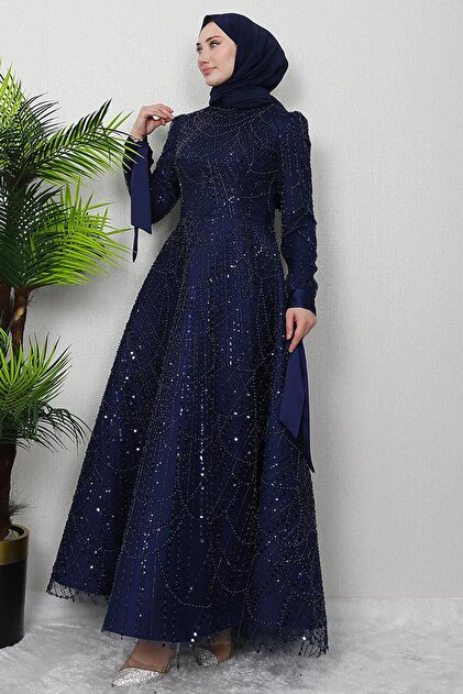 GZ AGYM Navy Blue Mahur Hijab Evening Dress- Trendyol GZ AGYM Navy Blue Mahur Hijab Evening Dress- Trendyol