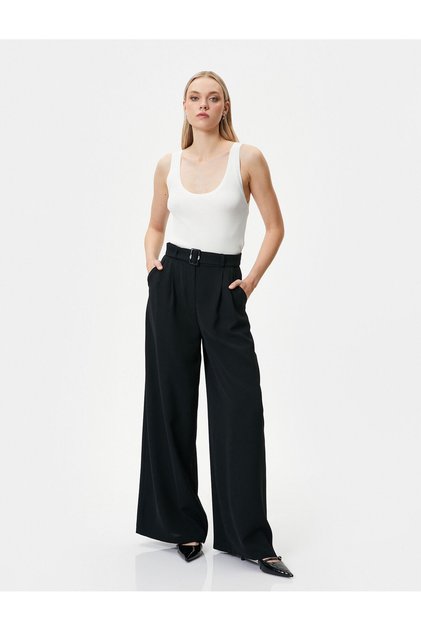Wide Leg Trousers with Belt Detail, High Waist and Pocket