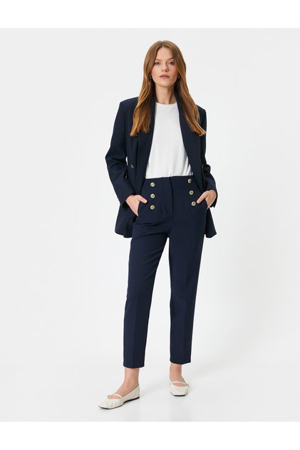 High Waist Buttoned Cigarette Fabric Trousers