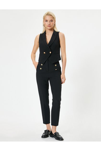 Fabric Cigarette Pants High Waist Buttoned Pocket
