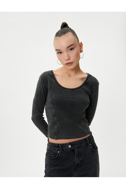 Long Sleeve T-Shirt U Collar Ribbed Pale Effect Cotton