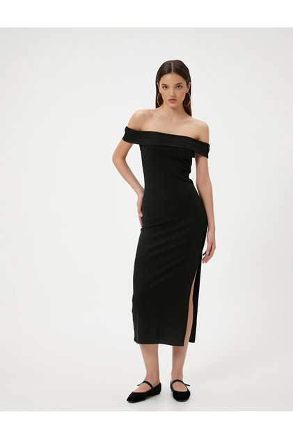 Madonna Collar Off-The-Shoulder Pencil Dress Midi Length Slit Detail Slim Fit