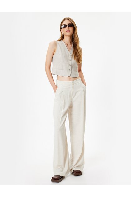 Linen Blended Viscose Trousers High Waist Loose Leg Pockets Pleat Detail