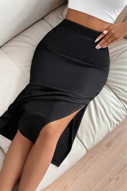 Women's Side Slit Midi Length Skirt Below Knee Skirt Low-Cut Skirt