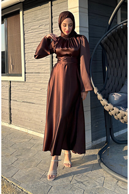 sefamerve Zara Satin Evening Dress with Gathered Front 5514-03 Brown- Trendyol sefamerve Zara Satin Evening Dress with Gathered Front 5514-03 Brown- Trendyol