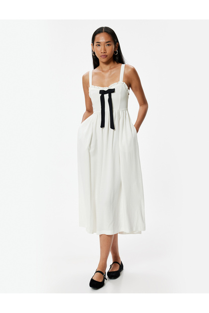 Linen Blended Midi Dress with Bow Detail, Thick Straps and Pockets