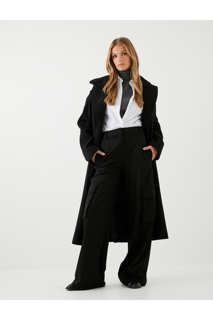 Long Cashmere Coat with Buttons, Double Breasted, Belted Waist, Pockets