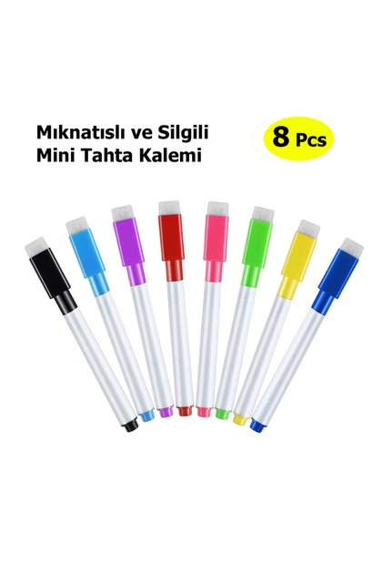 Mıknatıslı Mini Tahta Kalemi, 8 Renk, Yaz-Sil, Yazı Tahtası Kalemi, Keçeli Silgili Kalem