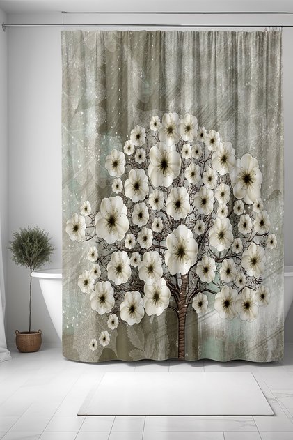 Bathroom Curtain, Bohemian White Flowers Pattern Shower Curtain, Bathtub Curtain 175X200Cm