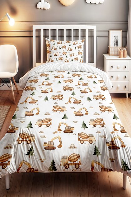 Yellow Construction Vehicles Patterned Single Baby Kids Duvet Cover Set