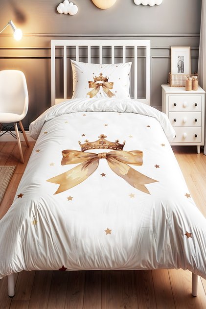 Cream Crowned Star Bow Patterned Single Baby Kids Duvet Cover Set