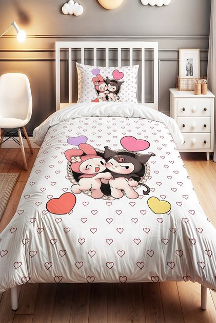 Kuromi and My Melody Colorful Hearts Patterned Single Baby Kids Bedding Set