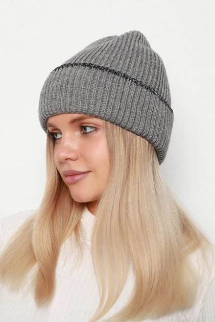 Sim detailed women's beanie rkş-1139 grey