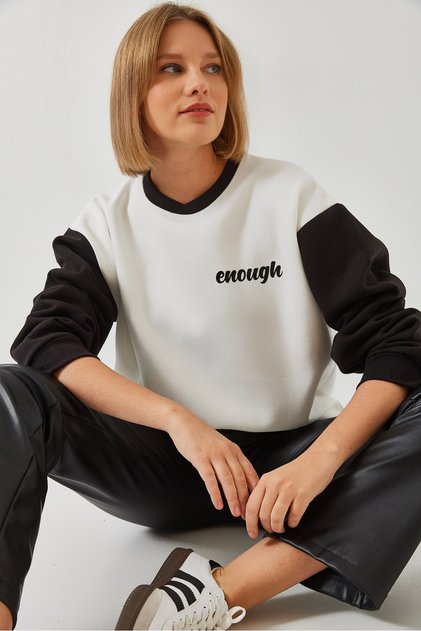 Women's White Black Printed Piecework Sweatshirt 60351255