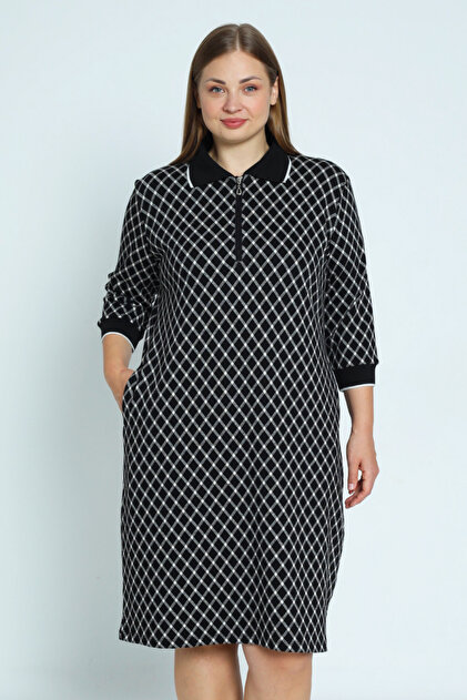 Women's Plus Size Plaid Print Three Quarter Sleeve Pocket Neckline Zipper Lycra Jacquard Dress