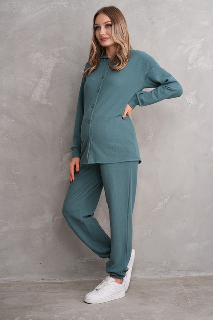 Pregnant and Maternity Bottom-Top Suit with Front Button Hood Corded Twist Fabric Pockets and Elastic Legs