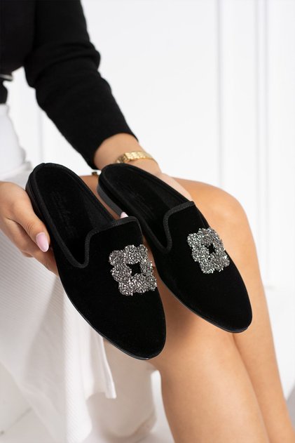 Lukas Black Square Beaded Stone Embroidered Closed-Front Elegant House Slippers