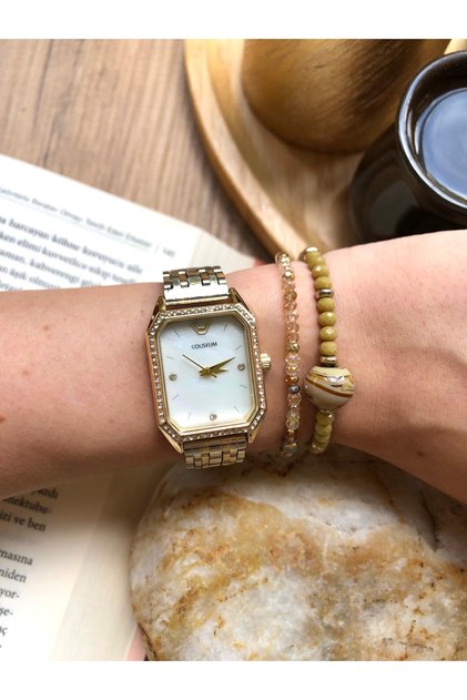 Rectangular Gold Silver Stone Women's Wristwatch