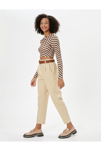 Carrot Trousers Belted Crop Leg Pocket Cotton Comfortable Fit
