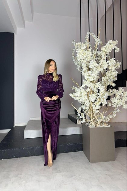 Purple Flock Printed G1154 Velvet Evening Dress