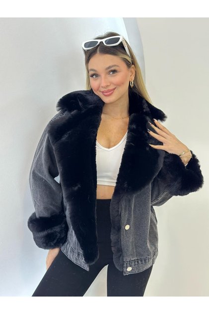 Kadın Beyaz Kürklü Denim Düğmeli Kadın Mont