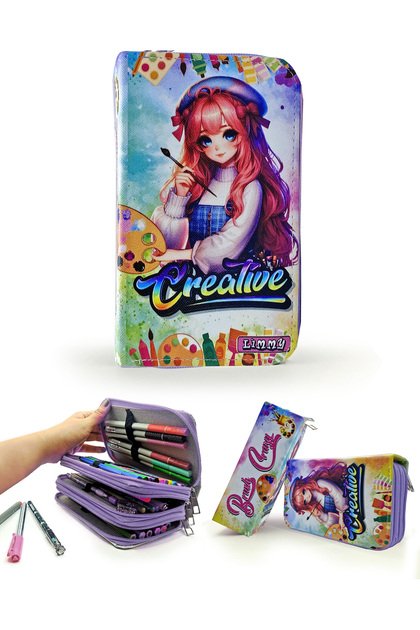 Pencil Case Painter Girl Painting Kawai Organizer Pencil Case Vegan Leather Three Compartment Pen Holder -Purple