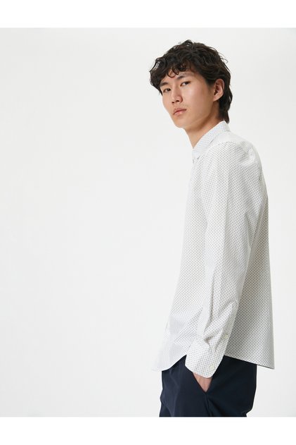 Slim Fit Shirt with Half Italian Collar and Buttons, Cotton