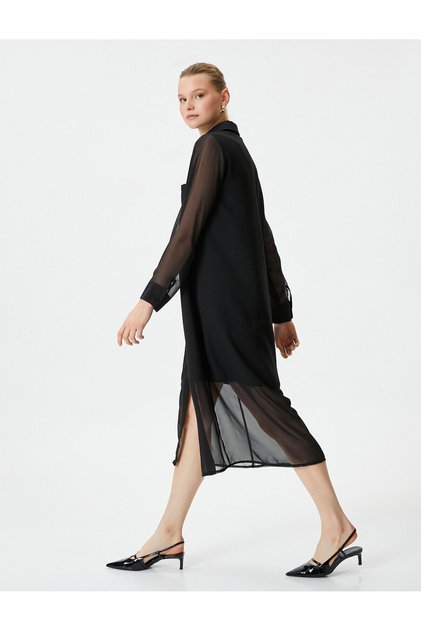 Chiffon Shirt Dress Midi Buttoned Pocket Detail Long Sleeve