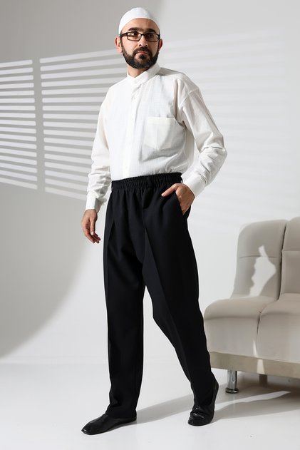Men's Elastic Waist Pocket Winter Wool Effect Fabric Baggy Trousers - Black (Isr)