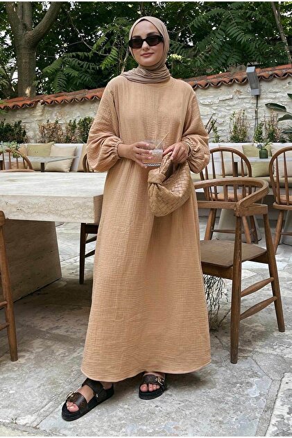 HEQA Milk Brown Muslin Dress- Trendyol