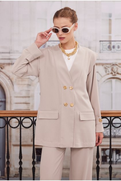 Kruvaze Blazer Ceket Pantolon Takım Bej