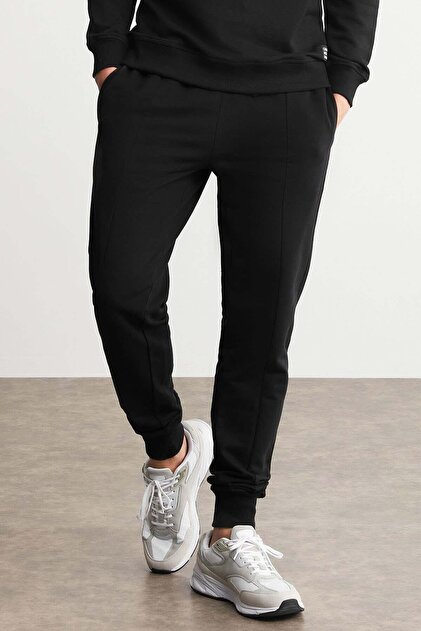Fabıan Men's Organic Cotton Front Ribbed Fleece Inside Pocket Jogger Black Sweatpants