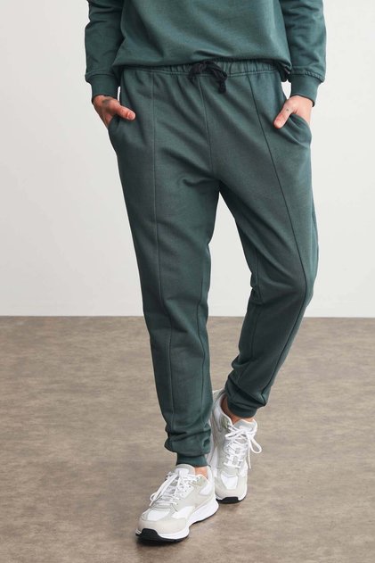Fabıan Men's Regular Fit Normal Cut Ribbed Front Corded 3 Thread Ribbed Green Sweatpants