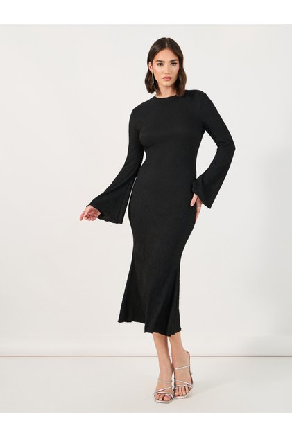 Textured Knit Bell Sleeves Bodycon Midi Dress